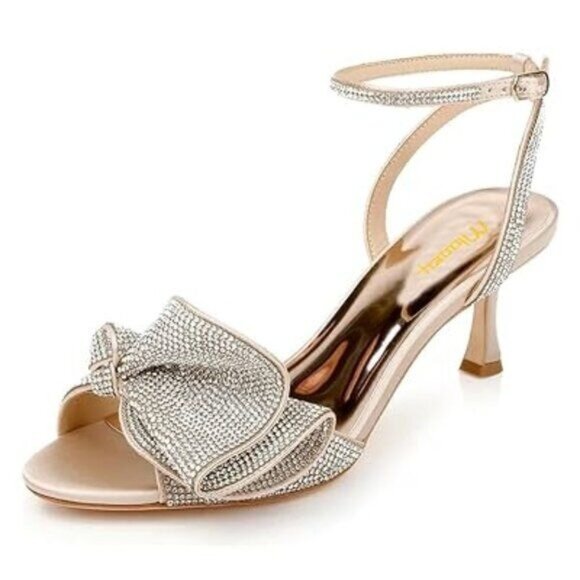 Women's Glitter Rhinestone Bow Heeled Sandal Elegant Crystal Ankle Strap Kitten - Picture 1 of 8